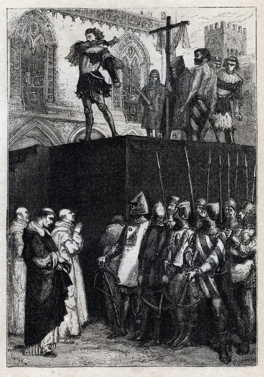 Henrettelsen af Conradin (eller Conrad af Hohenstaufen) konge af Sicilien og hertug af Schwaben (1252-1268) efter ordre fra Karl af Anjou efter slaget ved Tagliacozzo i 1268” (henrettelse af Conradin (eller Conrad den yngre), sidste Staufer-konge af Sicili af French School
