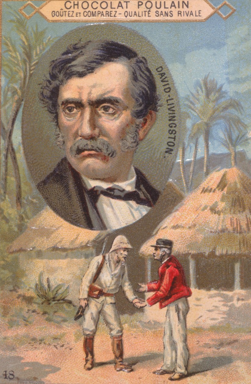 Opdagelsesrejsende David Livingstone (1813-73) og hans møde med Stanley (1840-1904) i Ujiji den 27. oktober 1871, byttekort med reklame for Poulain-chokolade af French School