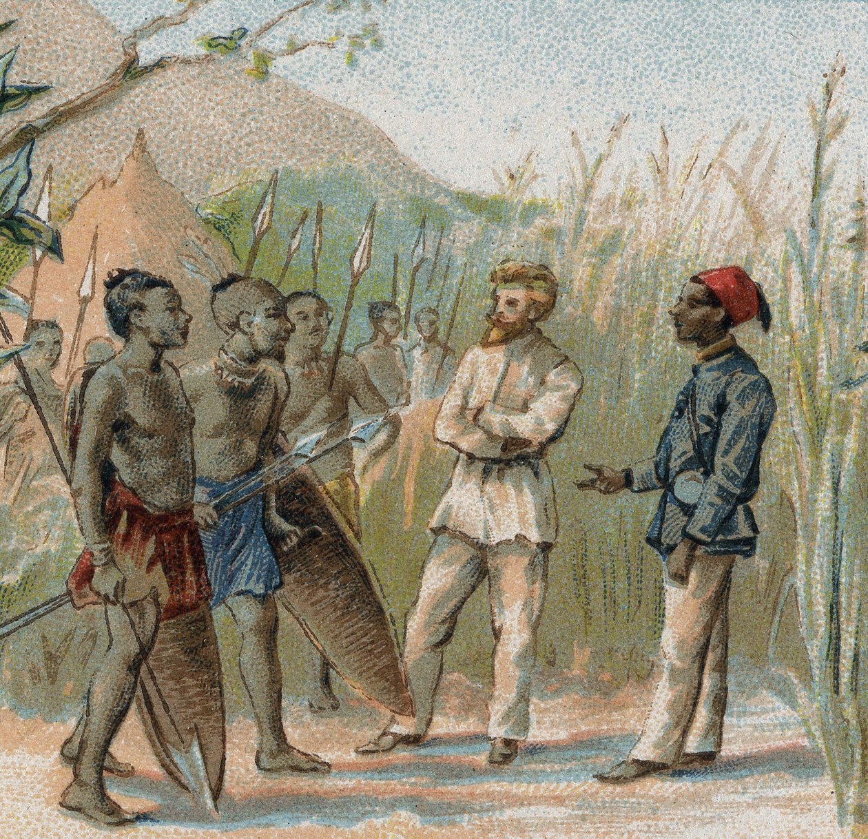 Udforskeren Paul Crampel (1864 - 1891) parlamentariserede med de indfødte i Congo. Kromolitografi af det 19. århundrede. af French School