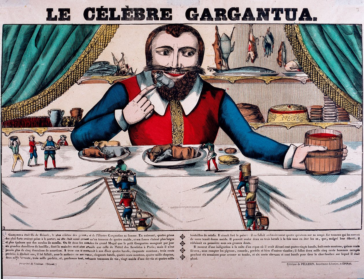 Den berømte Gargantua-karakter i romanerne af Francois Rabelais (1494-1553), fransk forfatter. Gargantua har en stor baldakin og har alle slags retter. Epinal billeddannelse fra det 19. århundrede - af French School