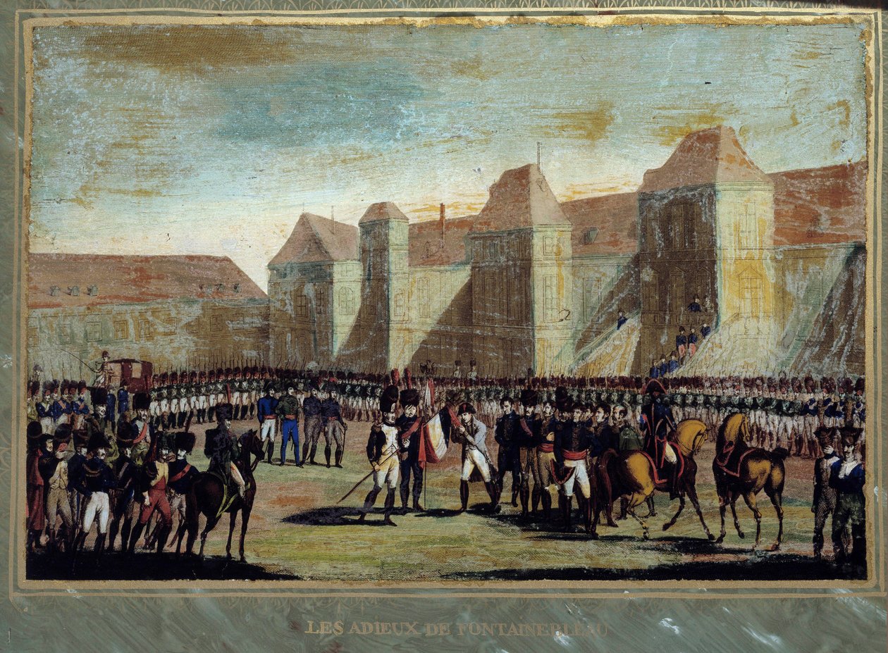 Afskeden med Napoleon Bonaparte (1769-1821) har den kejserlige vagt i gården til Cheval Blanc i Fontainebleau den 20/04/1814. Anonymt maleri. 1814 Aix Island, Napoleons museum af French School