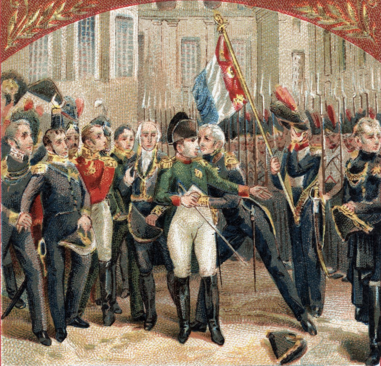 Afskeden med Napoleon Bonaparte (1769-1821) har den kejserlige vagt i gården til Cheval Blanc på slottet Fontainebleau den 20/04/1814. Kromolitografi i slutningen af det 19. århundrede af French School
