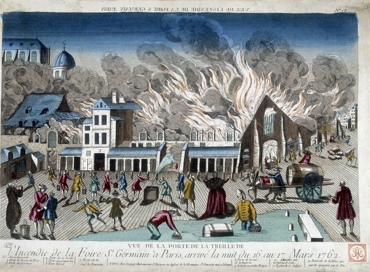 Branden på St. Germain Fair i Paris, natten mellem den 16. og 17. marts 1762 - gravering af French School