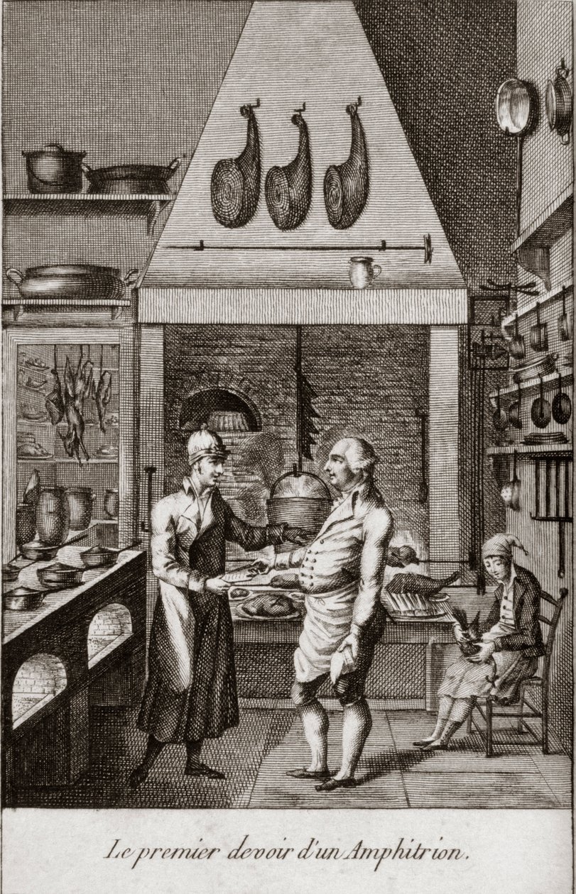Den første pligt af en Amphitrion (amphitryon) - gravering i "" Almanach af gourmeter, tjener som en guide på måder at gøre fremragende kære. Af en gammel amatør"" af Alexandre Balthazar Laurent Grimod de la Reyniere - 1804-1812 af French School