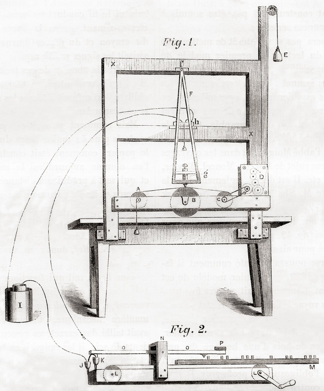 Den første elektriske telegraf opfundet af Samuel Morse i 1837, fra Les Merveilles de la Science, udgivet ca. 1870 (gravering) af French School