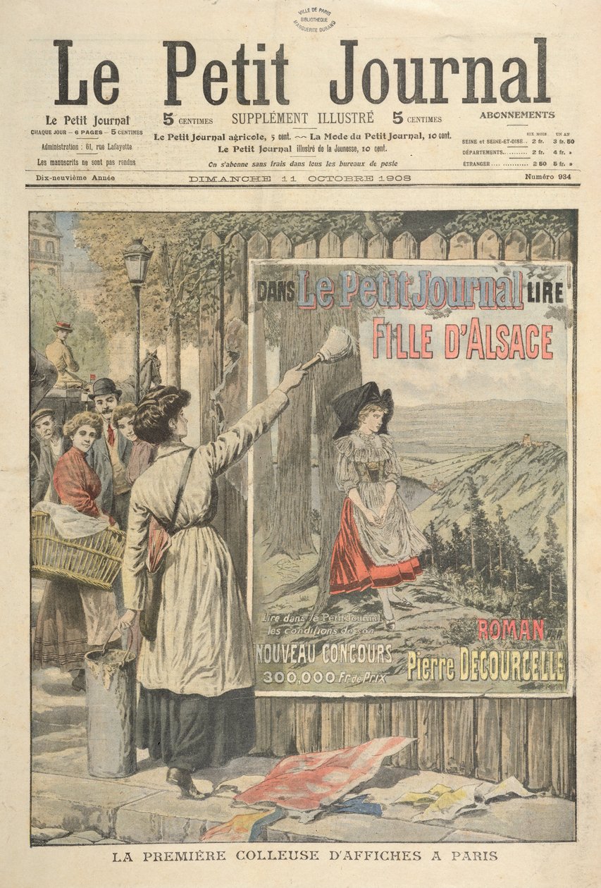Den første kvindelige plakat i Paris, fra le Petit Journal, 11. oktober 1906 af French School