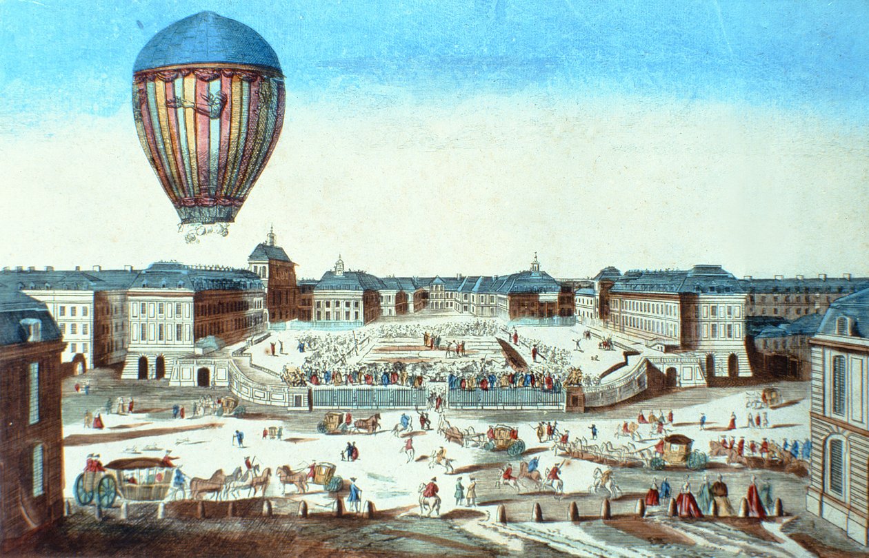 Den første flyvning af Pilatre du Roziers varmluftballon, opkaldt efter dens sponsor, M. Montgolfier, i Versailles den 23. juni, 1784 af French School