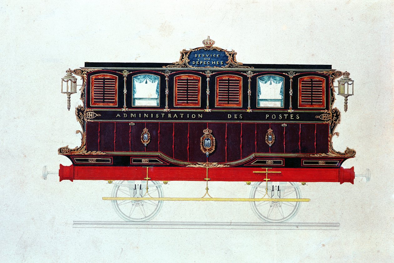 Den første postvogn i Frankrig, ca. 1830-48 (pen & blæk og wc på papir) af French School