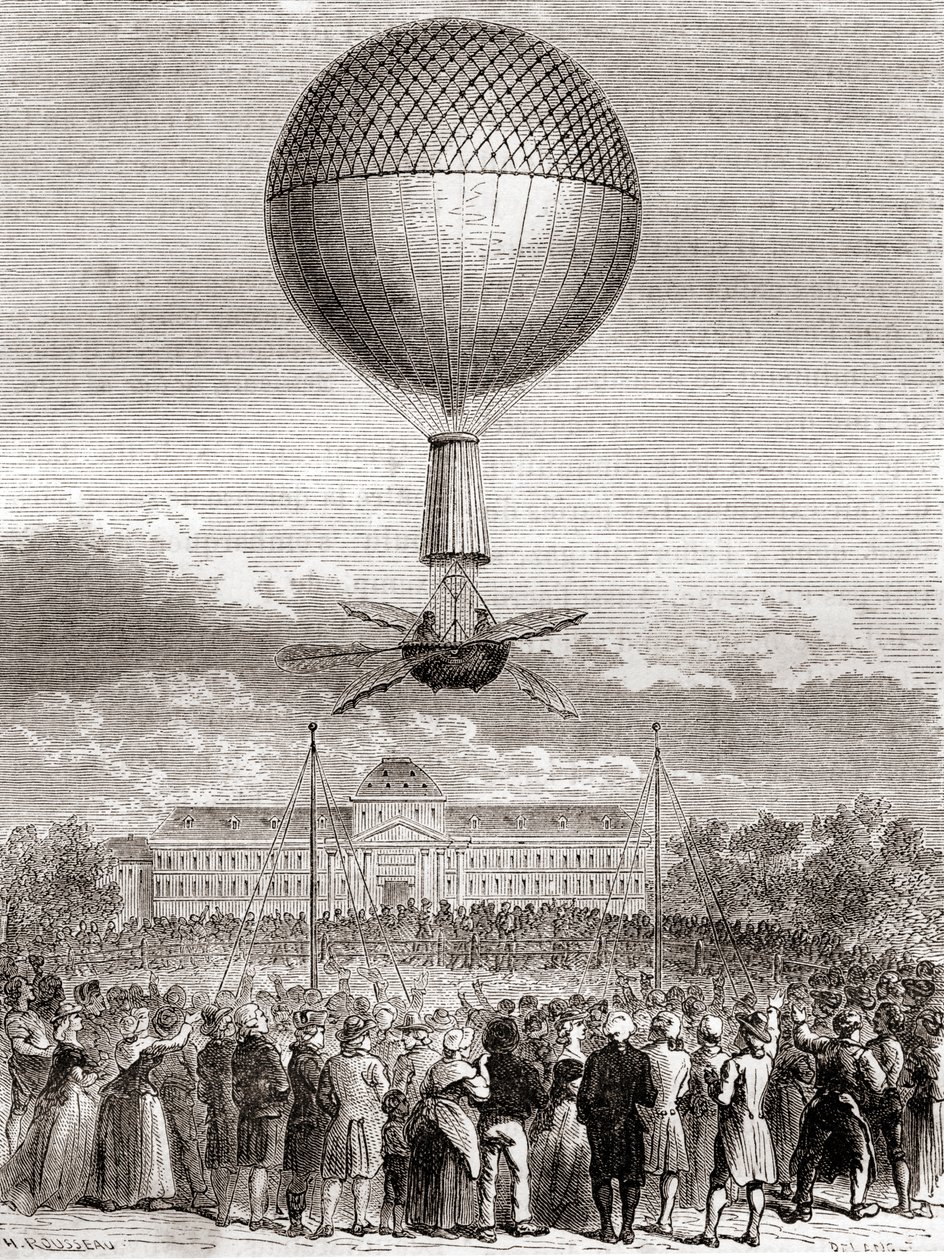 Den første vellykkede ballonflyvning af Jean-Pierre François Blanchard den 2. marts 1784 i en brintgasballon opsendt fra Champ de Mars, Paris, Frankrig, fra Les Merveilles de la Science, udgivet ca. 1870 (gravering) af French School