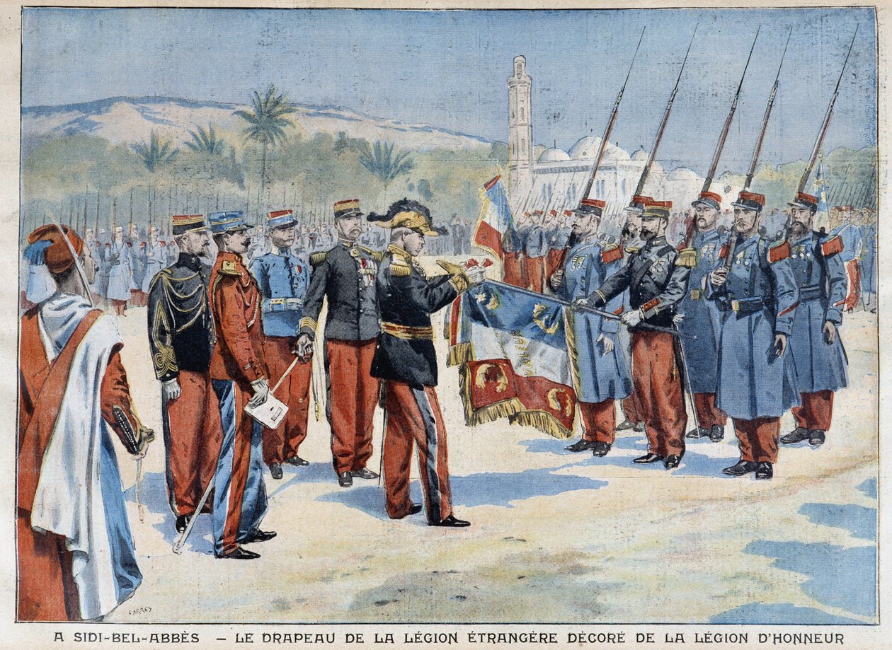 Fremmedlegionens flag dekoreret i Sidi-Bel-Abbes - i "" Le Petit Parisien"" fra 29/04/1906 af French School