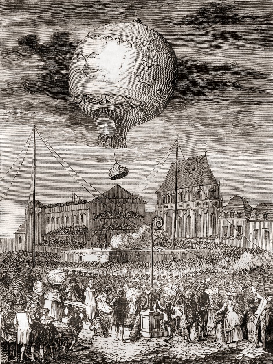Aérostat Réveillons flyvning den 19. september 1783 af Montgolfier-brødrene i Versailles, Frankrig, før kong Louis XVI af Frankrig og dronning Marie Antoinette, fra Les Merveilles de la Science, offentliggjort ca. 1870 (gravering) af French School