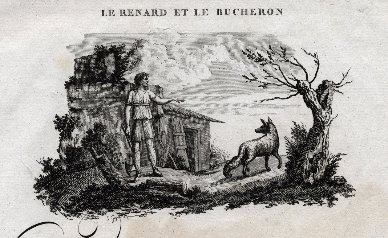 Ræven og skovmanden. Fabel om Esope. (Græsk forfatter Esopo eller Ecopus, 6. århundrede f.Kr.) Skrevet af Guillaume Montfort og Gravees af Beauble i 1801. af French School