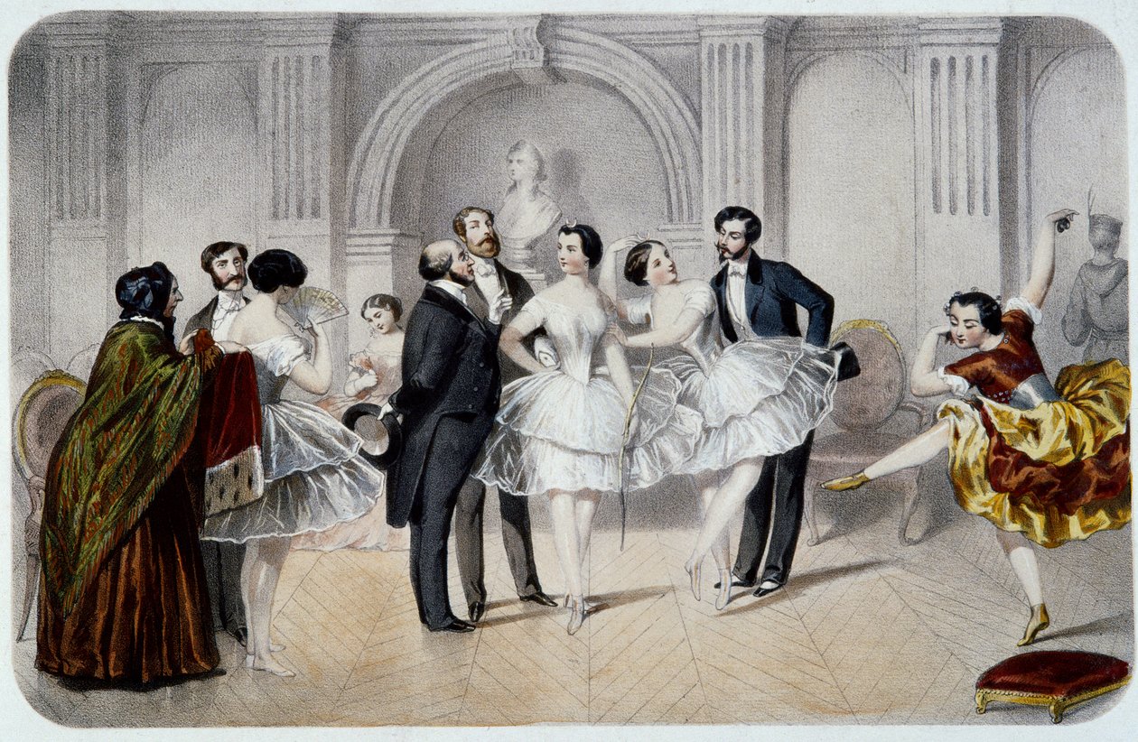 Operaens foyer (Opera Garnier i Paris). En tutu-danser, der chatter med herrer, der kom for at hilse på dem eller tager et par skridt for at danse. Gravering af French School