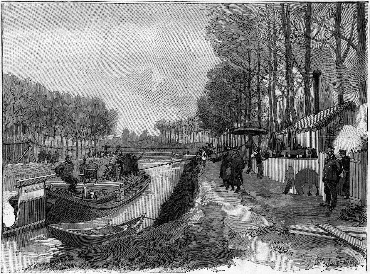 Kabelbanetransport af både på kanalerne i Joinville le Pont efter Maurice Levy-systemet. af French School