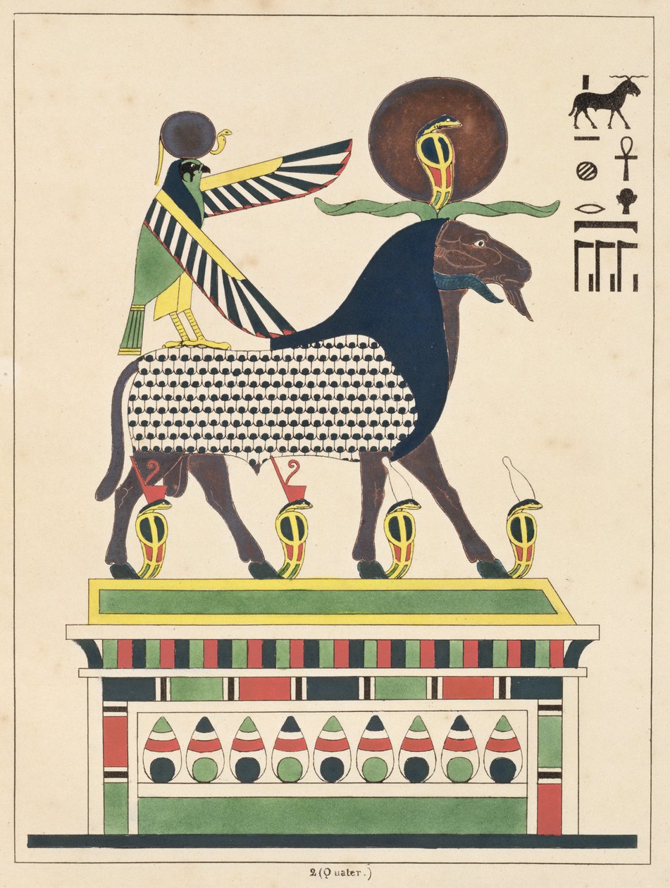 Guden Amon-Ra, illustration fra Egyptian Pantheon: samling af mytologiske karakterer fra det gamle Egypten af ​​Jean-Francois Champollion, udgivet ca. 1986 af French School