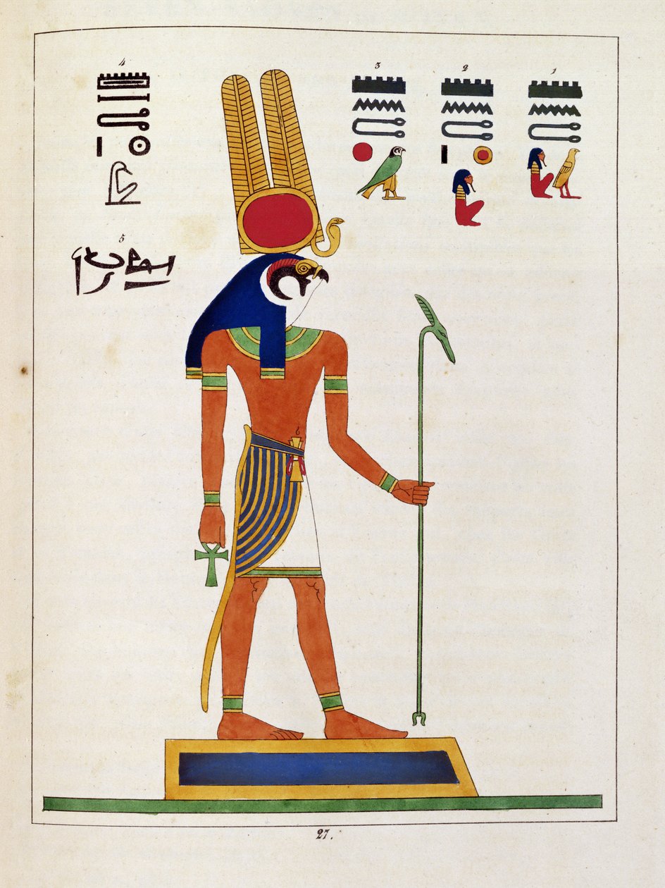 Guden Mandou, illustration fra Pantheon egyptien: samling af mytologiske karakterer fra det gamle Egypten af ​​Jean-Francois Champollion, udgivet ca. 1986 af French School