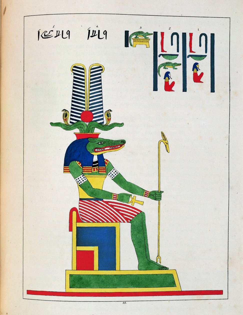 Guden Sovk, illustration fra Egyptian Pantheon: samling af mytologiske karakterer fra det gamle Egypten af ​​Jean-Francois Champollion, udgivet ca. 1986 af French School