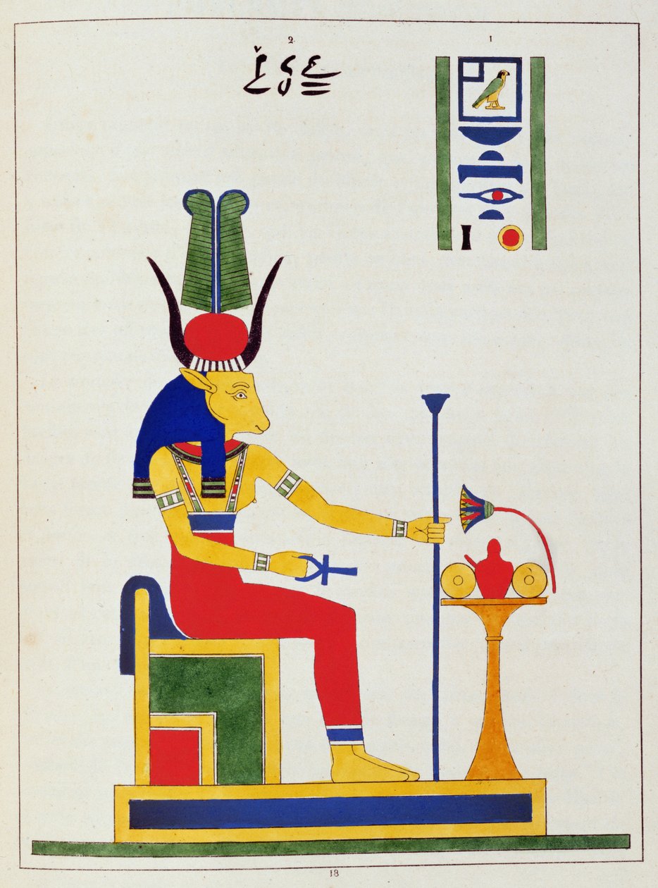 Gudinden Hathor, illustration fra Pantheon egyptien: samling af mytologiske karakterer fra det gamle Egypten, af Jean-Francois Champollion, udgivet ca. 1986 af French School