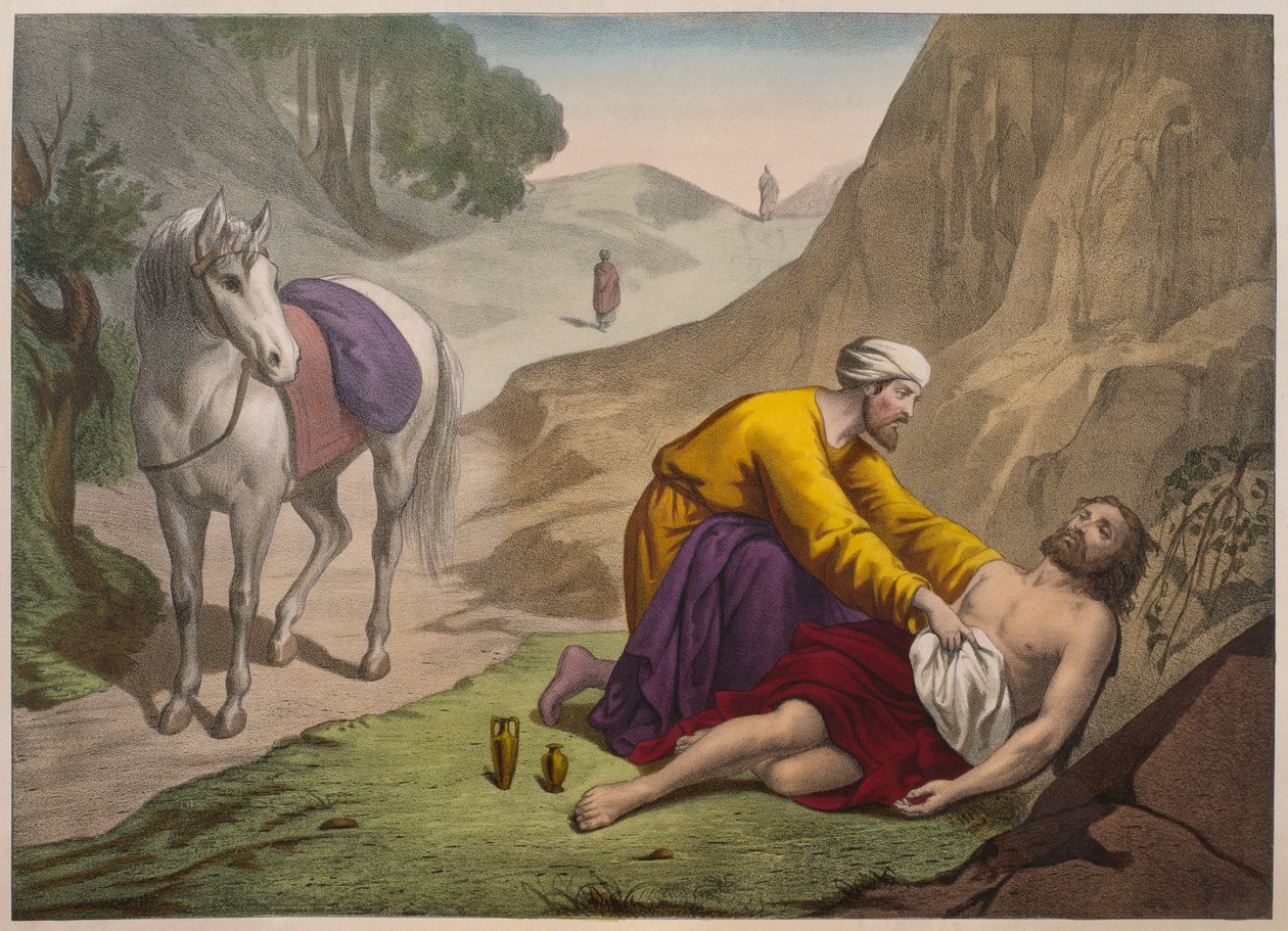 Den barmhjertige samaritaner, illustration fra en katekismus LHistoire Sainte, udgivet af Charles Delagrave, Paris, slutningen af det 19. århundrede af French School