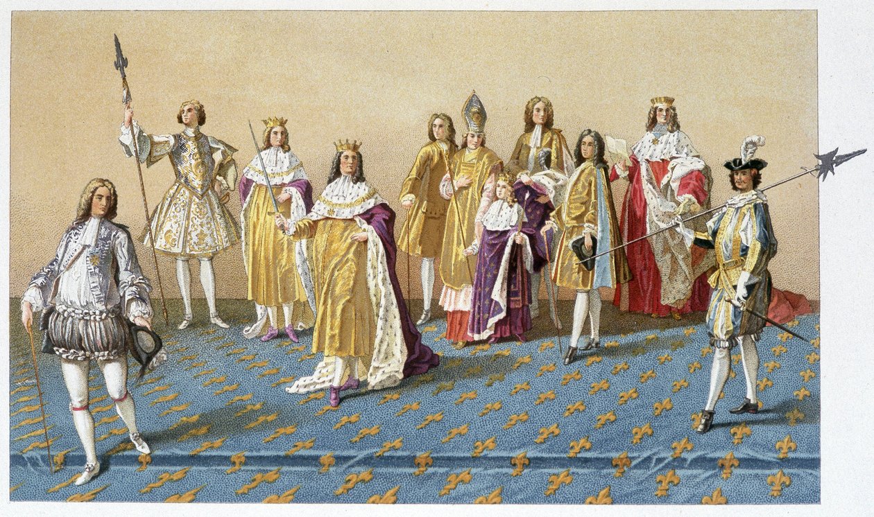 De store dignitærer til kroningen af Ludvig XV: Marquis de Dreux, Marshal de Villards, hertug af Harcourt, ærkebiskop hertug af Reims, Ludvig XV, Prins Charles af Lorraine, hertug af Villeroy, hertug af Armonville - chromo. af French School