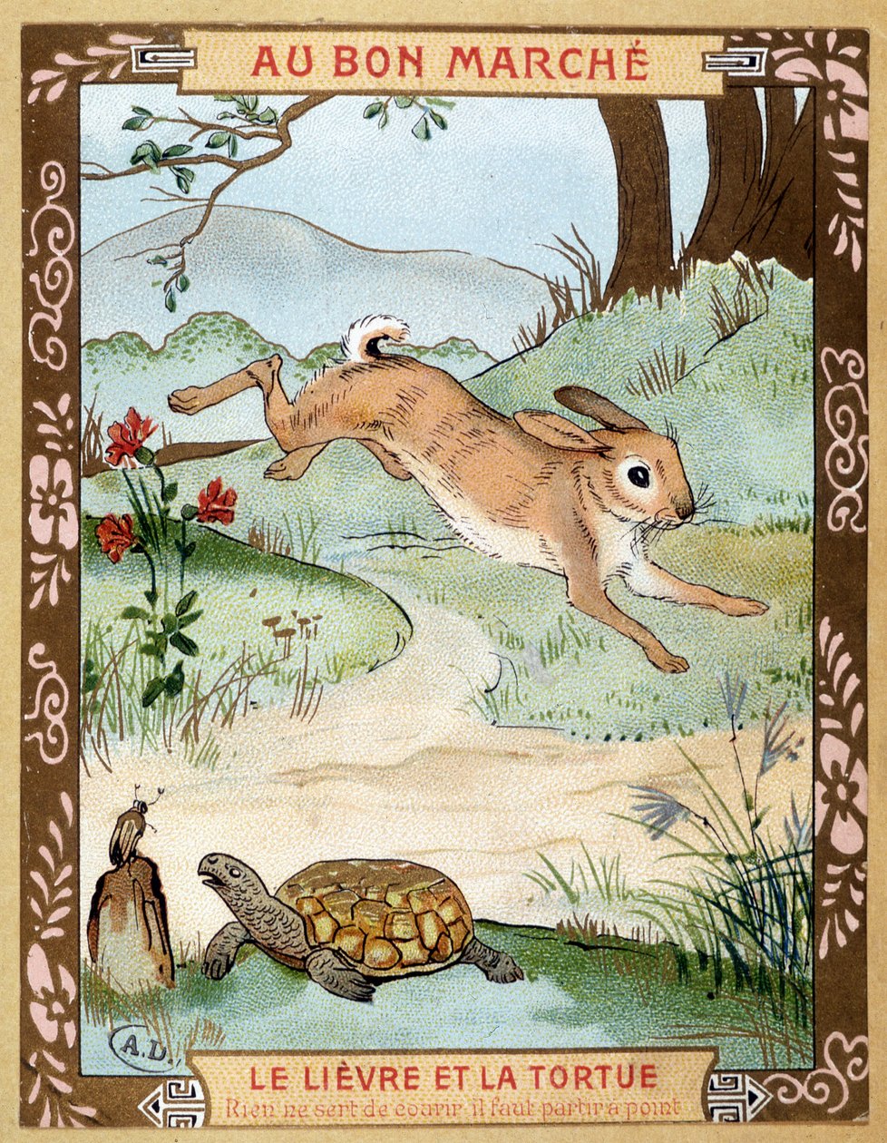 Haren og skildpadden (Fable de La Fontaine) - Bon Marché reklameklistermærke, slutningen af det 19. århundrede af French School