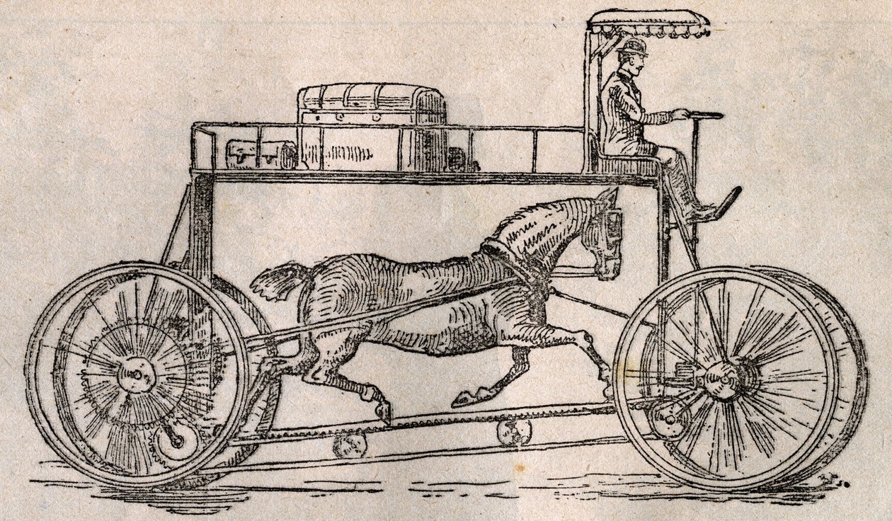 Hippocyklen: opfindelse til "hestebevarelse" som transportmiddel efter ankomsten af biler og cykler. Indgravering i "" Le Pelerin"" af 9. august af French School