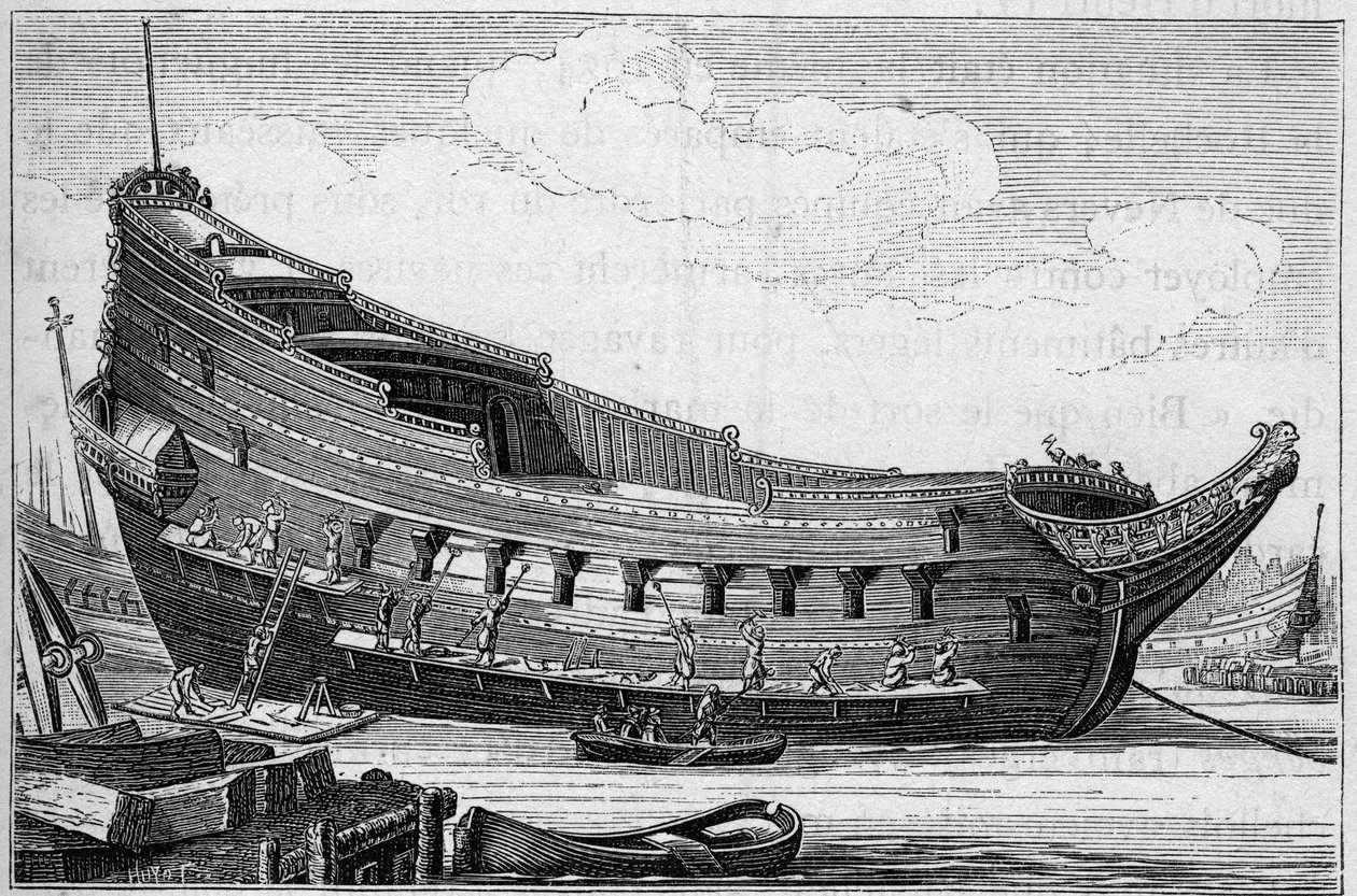 Skroget af et stort skib i det 17. århundrede. Gravering i "La Marine et les colonies: handel" af French School
