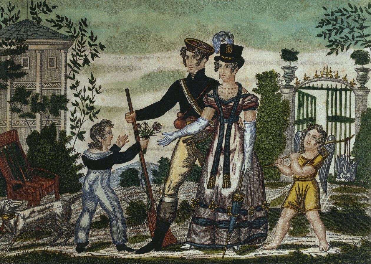 Jægerne vender tilbage, plade 4, begyndelsen af det 19. århundrede (farvegravering) af French School