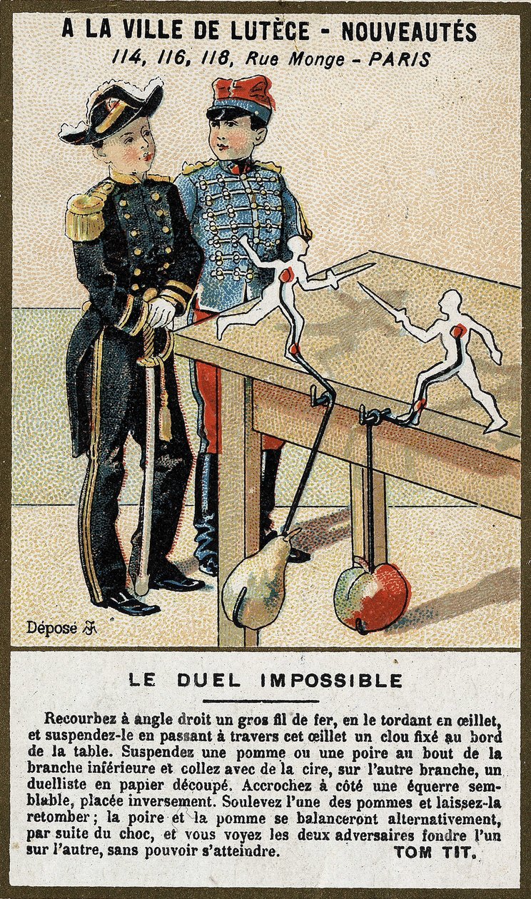 Den umulige duel: børnekort, der forklarer et spil, du kan bygge dig selv. Kromolitografi af det 19. århundrede. af French School