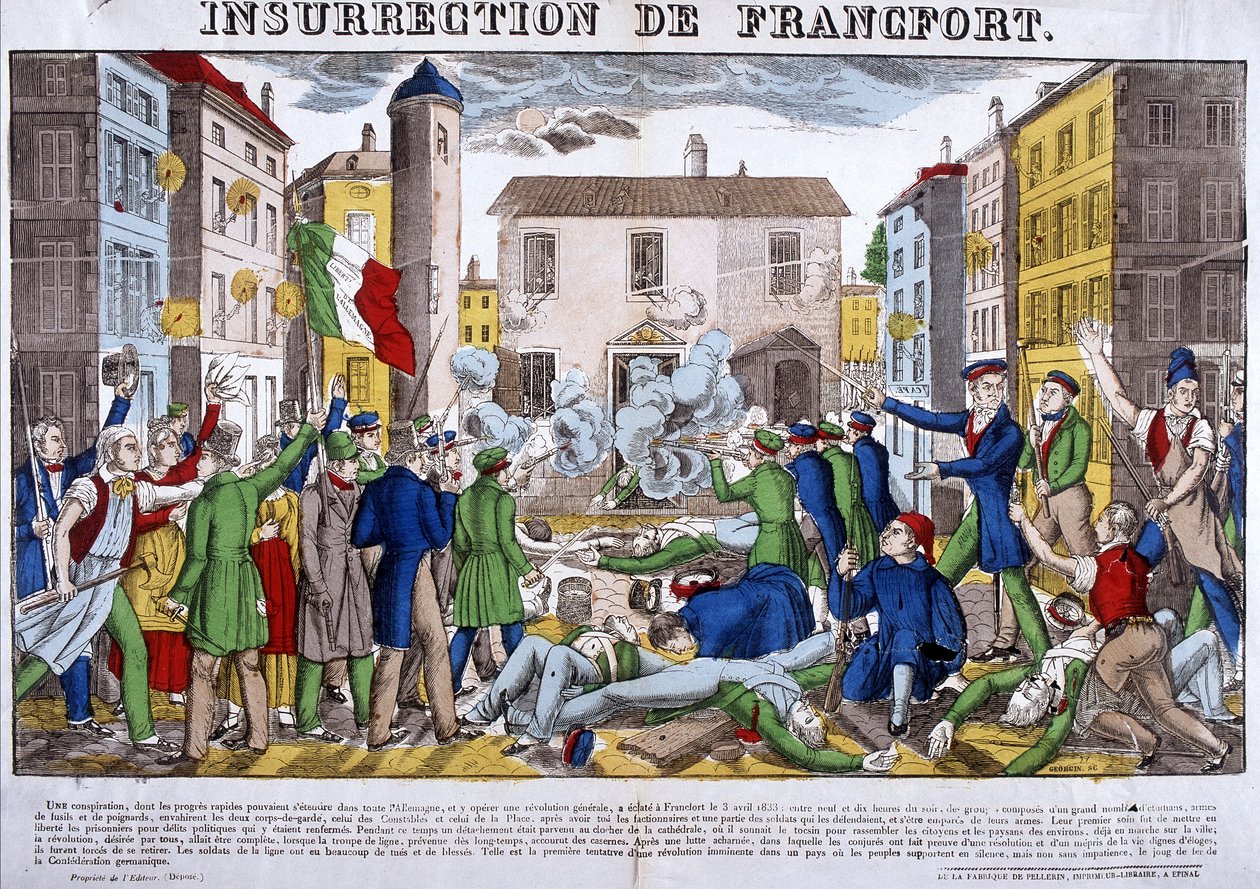Opstanden i Frankfurt den 3. april 1833, hovedstaden i det tyske forbund. Billede af Epinal af French School