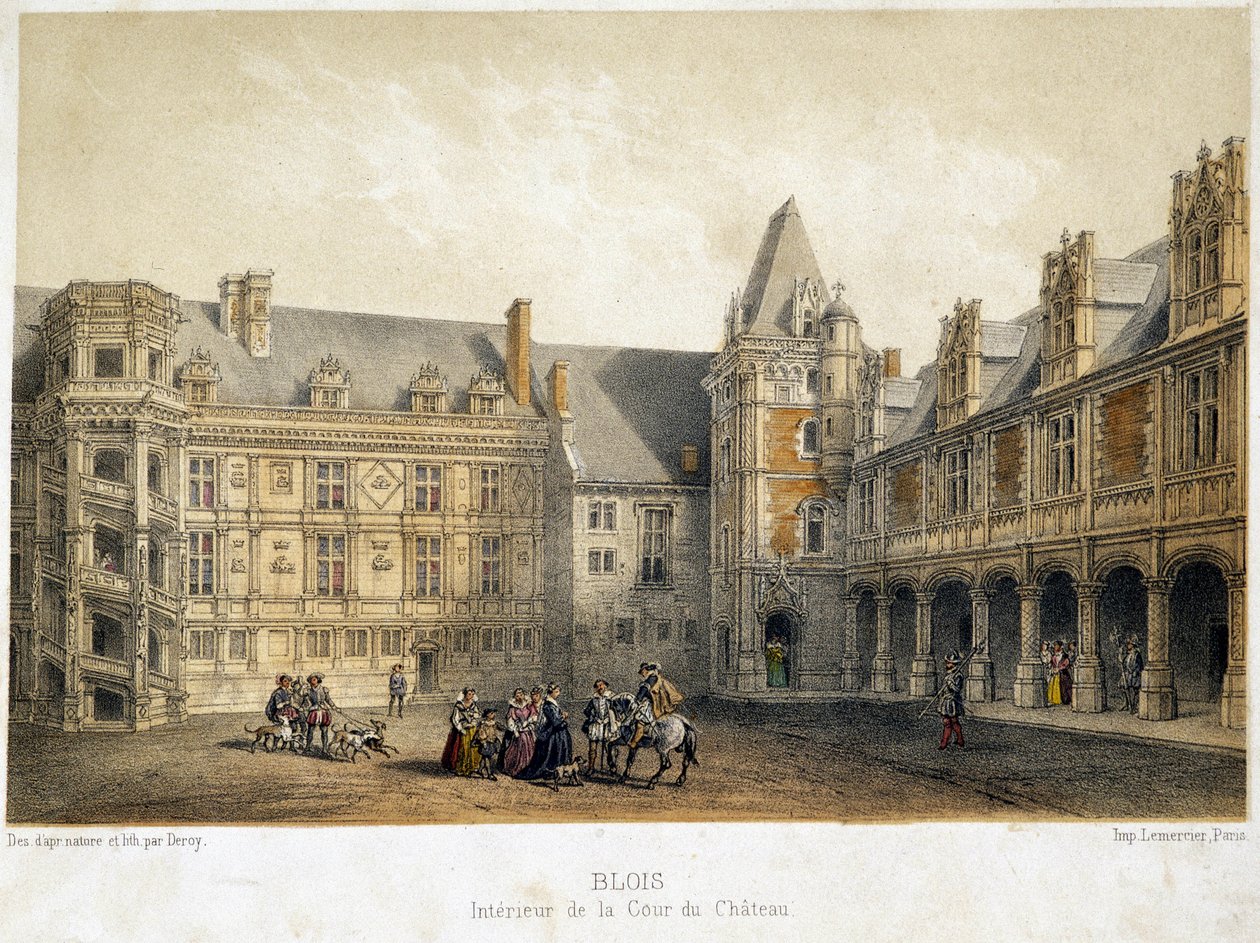 Det indre af gårdspladsen på slottet Blois i Francois 1.s periode (1500-tallet) - litografi af French School