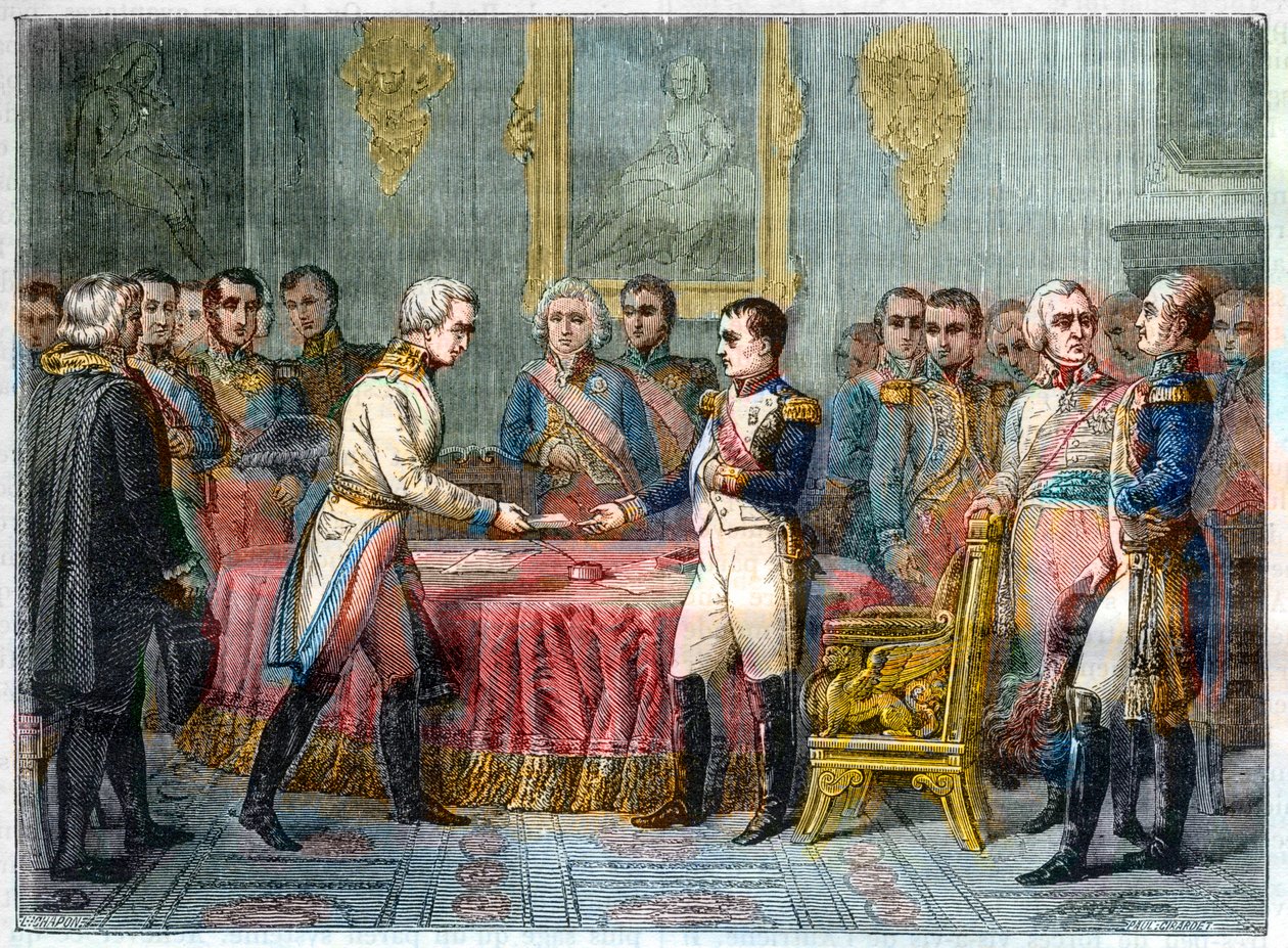Interviewet af Erfurt, 27. september - 14. oktober 1808 - Napoleon I modtager Baron Vincent, østrigsk diplomat og udsending for kejseren af Østrig til højre Alexander I af Rusland (1777-1825) - Forsamling af fyrster i Erfurt den 27. september 1808 ( Napole af French School
