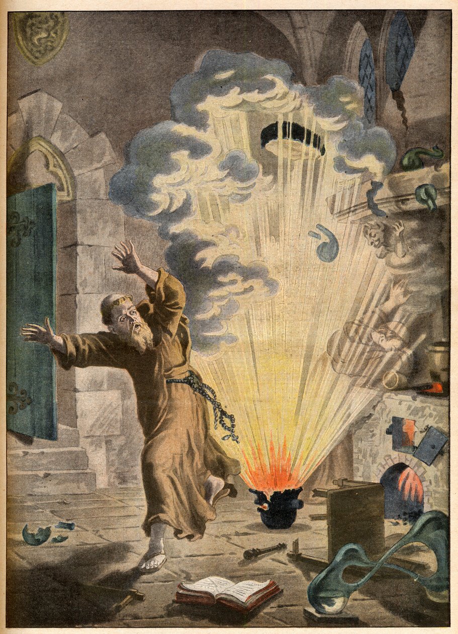 Opfindelsen af krudt af den tyske munk og alkymist Berthold Schwarz (ca. 1318-1384) - Illustrerende opfindelser. Pulveret. Illustration til Le petit Journal, 27. januar 1901. af French School