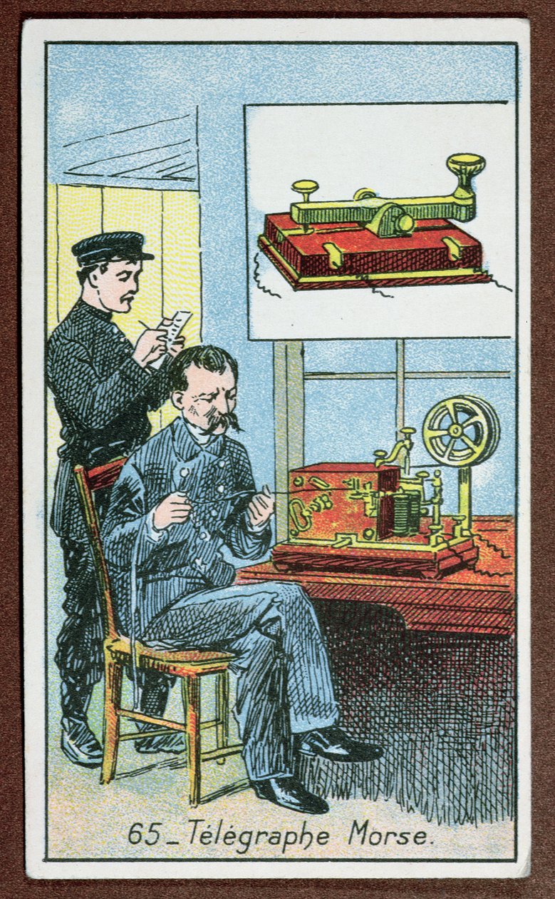 Opfindelsen af telegrafi med morsekode, nummer 65 i en række kort, der skildrer store opfindelser, ca. 1910 af French School