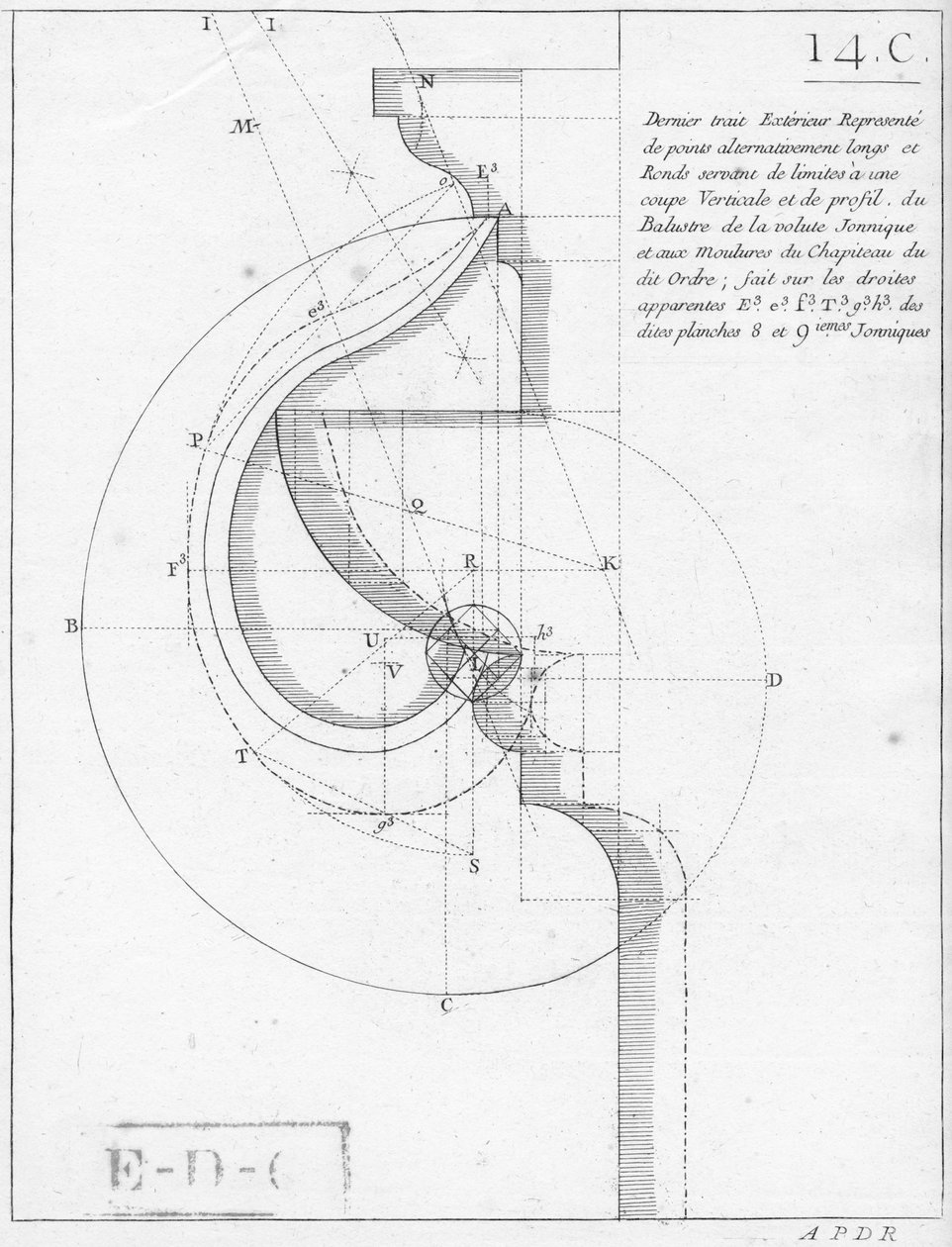 Den ioniske kapital, illustration fra en bog om geometri, udgivet With Privilege du Roy og E.. du Gouvernement af French School