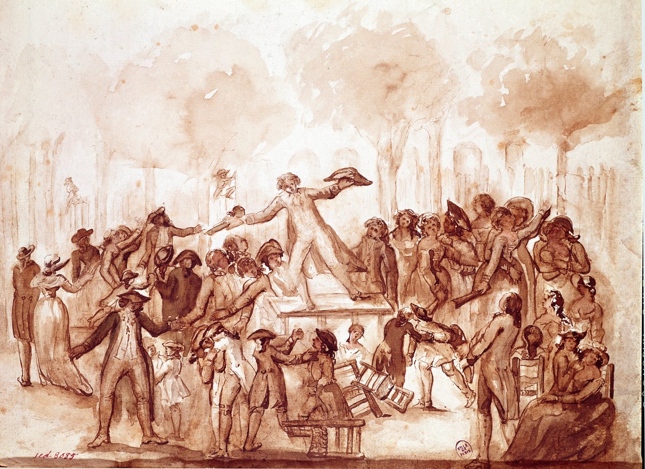 Journalisten Camille Desmoulins (1760-1794) forhastede patrioterne i det kongelige palads haver”” Første scene af den franske revolution i Paris, 12. juli af French School