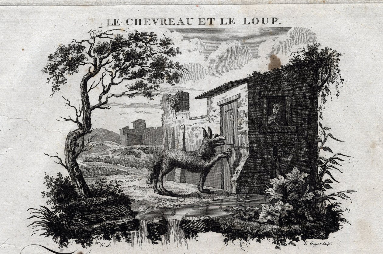 Drengen og ulven. Fabel om Esope. (Græsk forfatter Esopo eller Ecopus, 6. århundrede f.Kr.) Skrevet af Guillaume Montfort og Gravees af Beauble i 1801. af French School