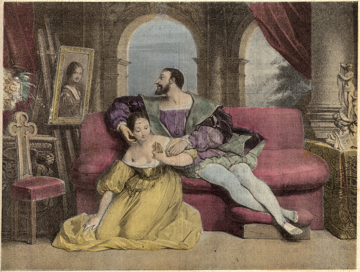 Kongen af Frankrig Francois I (1494-1547) og det smukke jernværk. Litografi af Daveria fra 1838 i "" Laughs Et Galanterie "". Ugentlig samling af Galantes-billeder i retning af John Grand-Carteret. 1903-1904. af French School