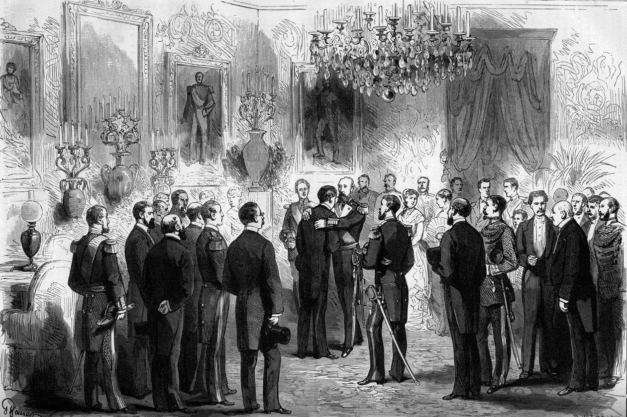 Kongen af Sverige Oscar II (1829-1907) modtog opdagelsesrejsende Nils Adolf Erik (Eric) Baron Nordenskjold (Nordenskiold) (1832-1901) og løjtnant Palander på det kongelige slot i Stockholm. I 1878 gik Nordenskjold fra Atlanterhavet til Stillehavet af French School