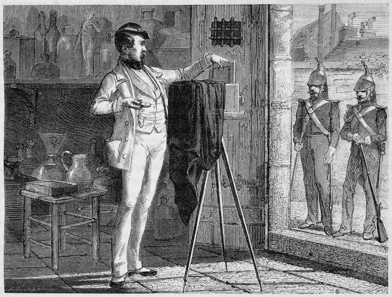 Niepce de Saint-Victors laboratorium i politirummet i den kommunale vagtkaserne i faubourg Saint-Martin i 1848 - i "Videnskabens vidundere" af Louis Figuier af French School