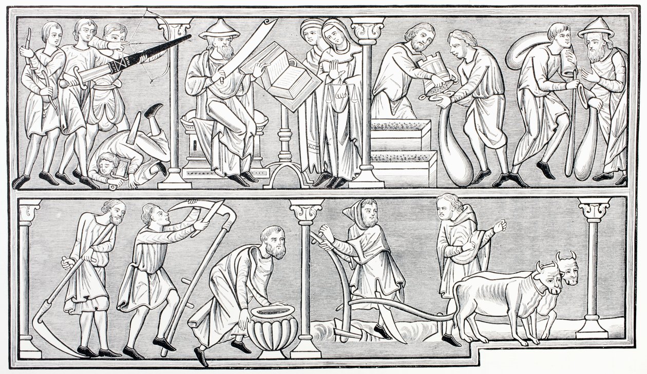 Arbejdet med krig, videnskab, handel og landbrug, efter en miniature i en psalter fra det 13. århundrede, fra Les Arts au Moyen Age, udgivet 1873 af French School