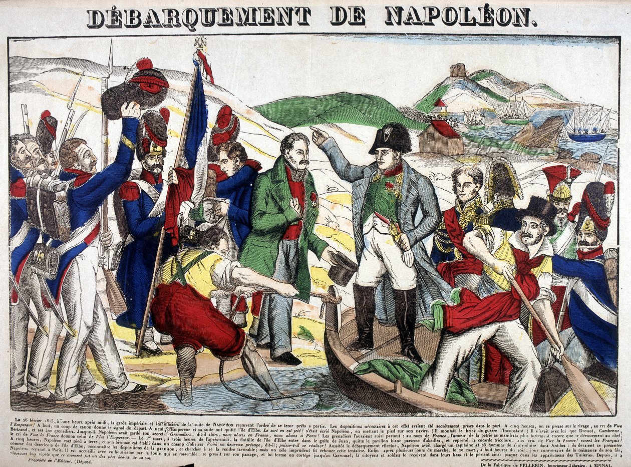 Landgangen i Juan-bugten: Napoleon I vendte tilbage til Frankrig den 1. marts 1815 efter eksilperioden på øen Elba. Billede af Epinal af French School