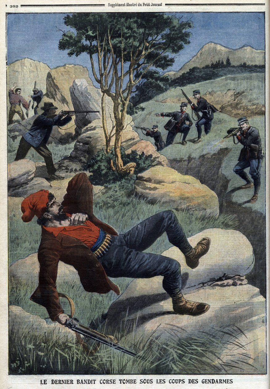 Den sidste korsikanske bandit falder under gendarmernes slag: ”Le Petit Journal” af 5. december 1909 (gravering) af French School