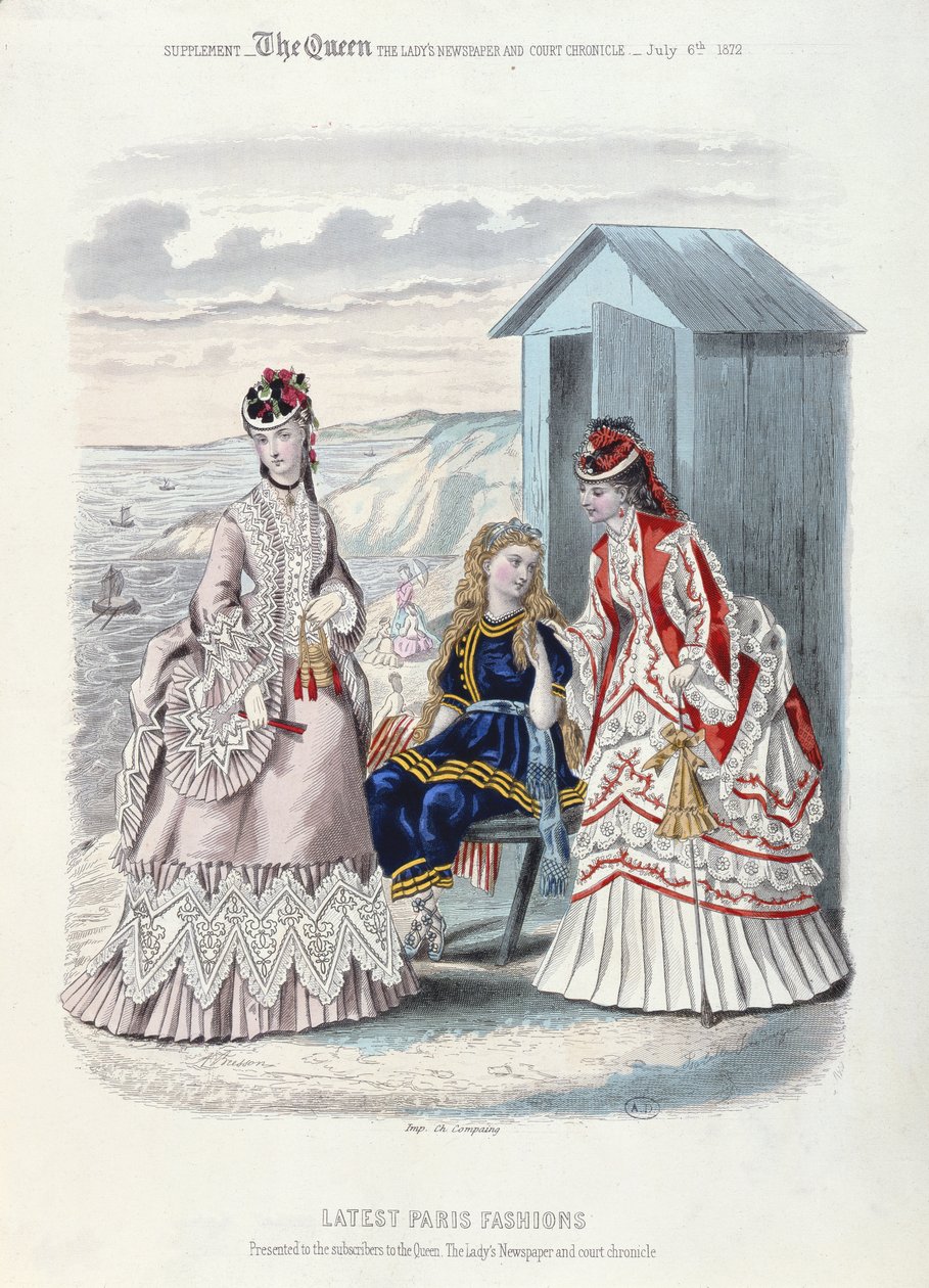Den seneste Paris-mode til stranden og svømning, 1872 (farvegravering) af French School