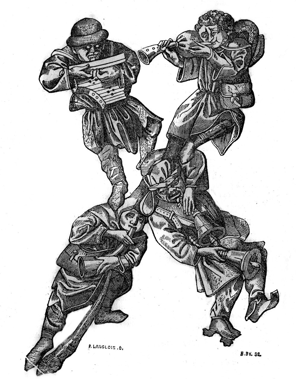 Bogstavet X i det groteske alfabet sammensat af fire musikalske karakterer, lavet i 1466. I "" Den maleriske butik"" 1836 af French School