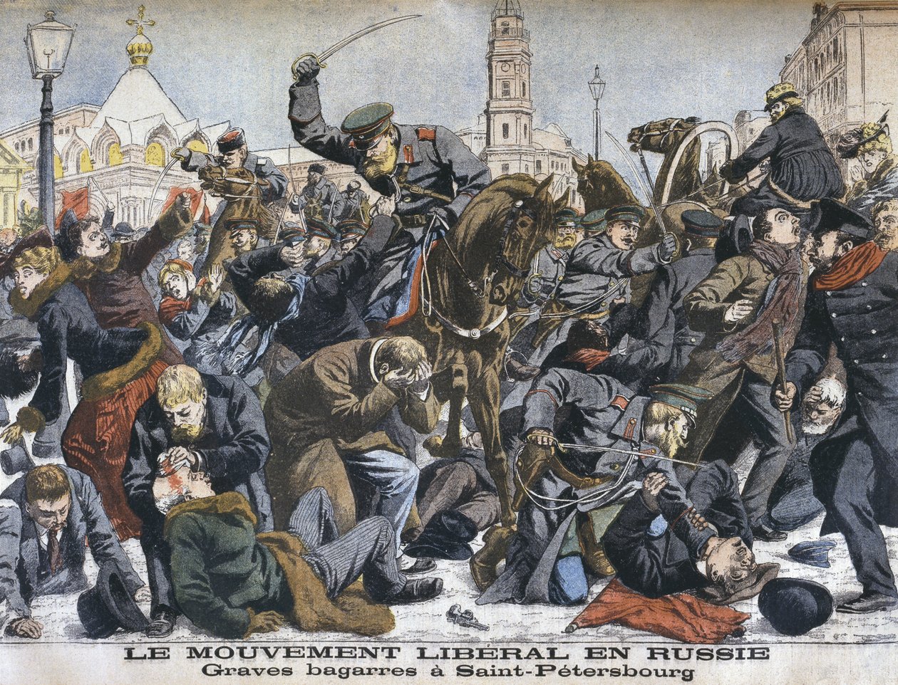 Den liberale bevægelse i Rusland, voldelige slagsmål i St. Petersborg, illustration fra Le Petit Journal: Supplement illustre, 25. december 1904 af French School