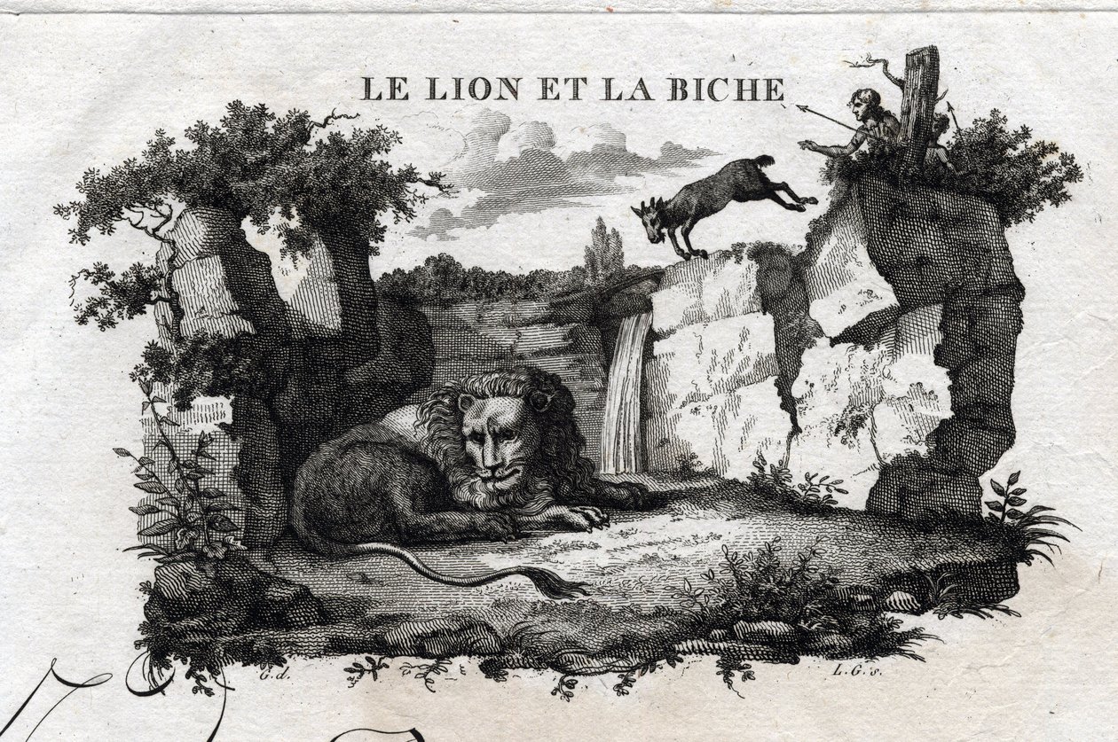 Løven og hjorten. Fabel om Esope. (Græsk forfatter Esopo eller Ecopus, 6. århundrede f.Kr.) Skrevet af Guillaume Montfort og Gravees af Beauble i 1801. af French School
