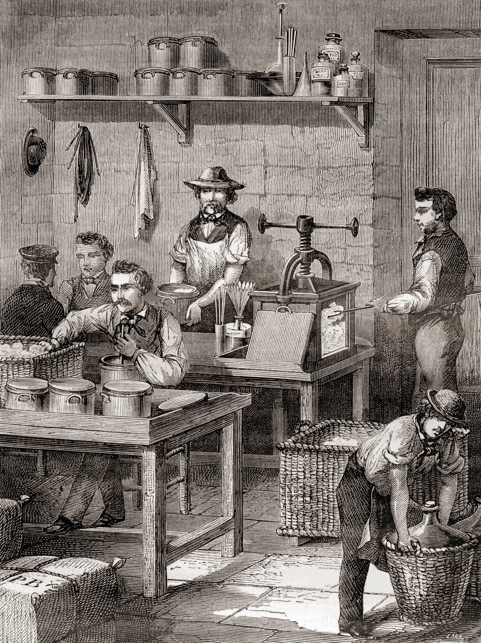 Fremstillingen af våbenbomuld i det 19. århundrede, fra Les Merveilles de la Science, udgivet ca. 1870 (gravering) af French School