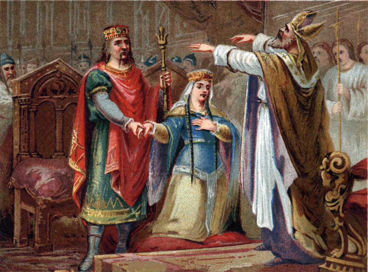 Ægteskabet mellem Clovis (481-511) francernes konge med Clothilde i 493. Kromolitografi fra slutningen af det 19. århundrede. af French School