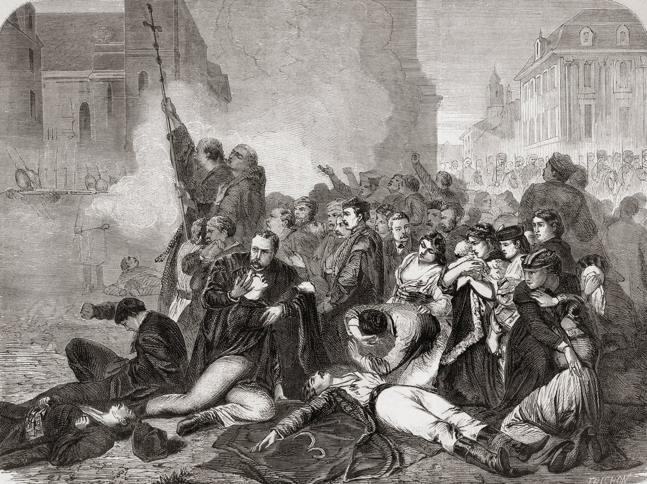 The massacre of civilians in Castle Square, Warsaw, on April 8th, 1861 by Russian infantry and cavalry, from "L" Univers Illustré ", 1866dani af French School